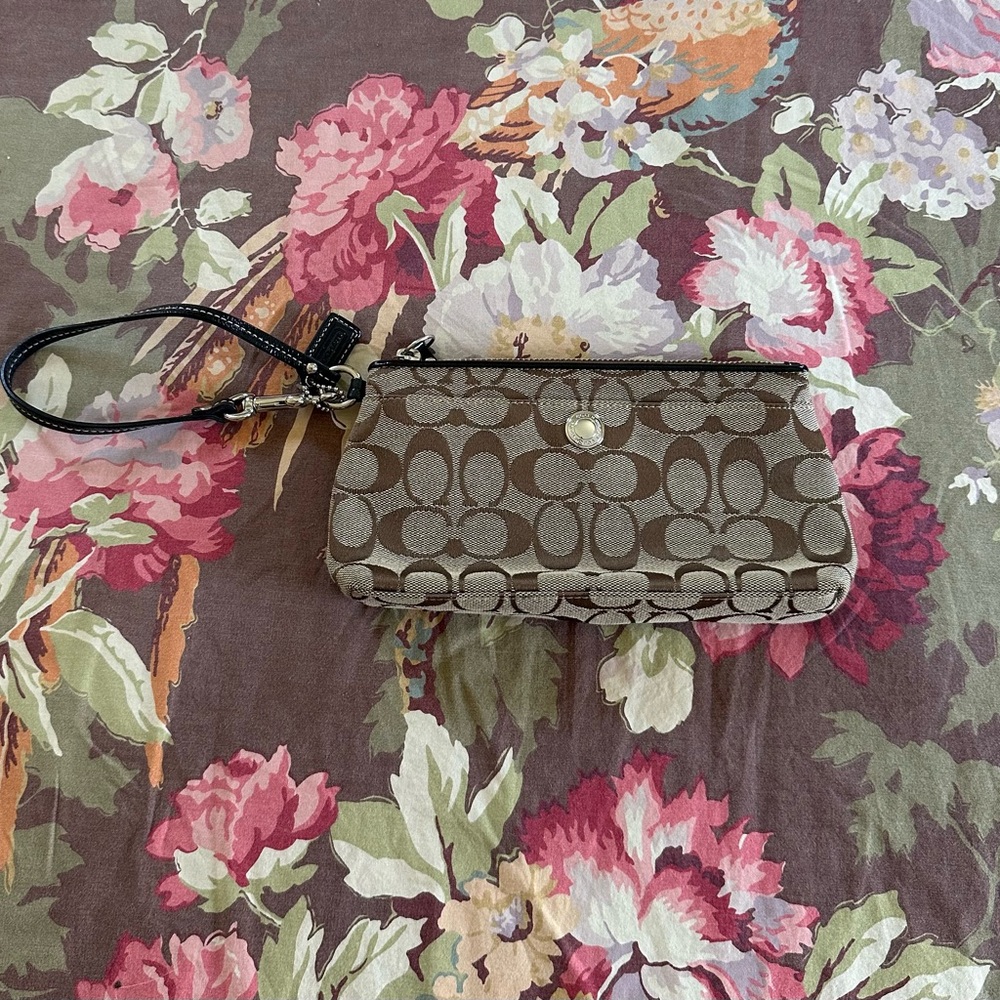 Coach Brown Signature Canvas Wristlet with Black Strap